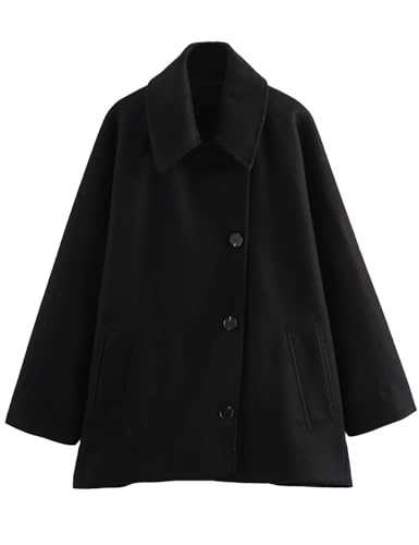 Aisongyuan Women's Fall Single Breasted Pea Coat Long Sleeve Turndown Collar Wool Cape Blend Coat with Pockets