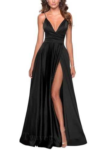 Tvuyet Elegant Long Prom Dresses for Women Ball Gown with Slit V-Neck Pleated Formal Dress with Train Satin Evening Gowns