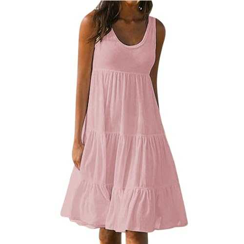 AMhomely Summer Dresses for Women UK Elegant Bohemian Sleeveless V-Neck Sundress Tunic Solid Color Casual Flared A Line Dresses Club Cocktail Work Dresses