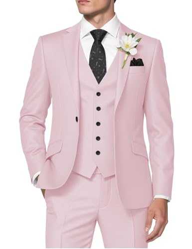 Huutoe Men’s 3-Piece Suit, Slim Fit for Work, Wedding, Prom – One-Button Blazer Jacket, Waistcoat, Trousers – Dinner Jacket