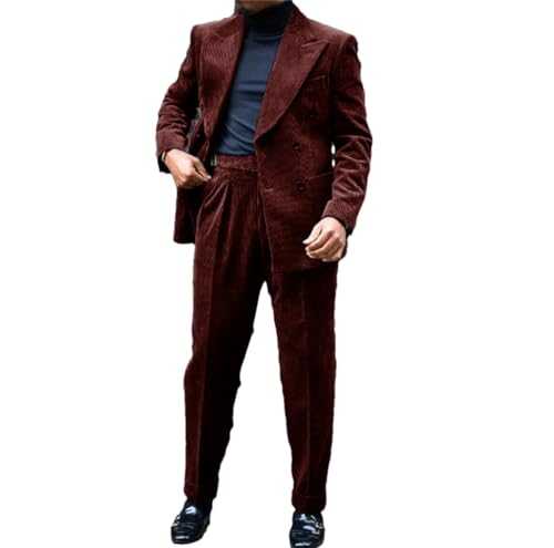 Men's Corduroy Suit Double Breasted Gun Lapel 2 Piece Jacket + Pants Party Casual Wedding Outfit Full Suit