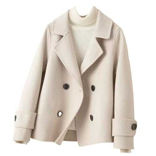 Women Peacoat Double Breasted Wool Blend Jacket Notched Lapel Overcoat Short Cardigan Outwear
