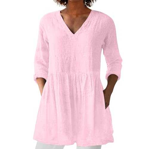 HOOUDO Women Summer Tops with Pockets Linen 3/4 Sleeve V Neck Tunic Top Cotton Linen Casual T-Shirt Oversized Long Swing Blouse Shirts Ladies Clothes Tee