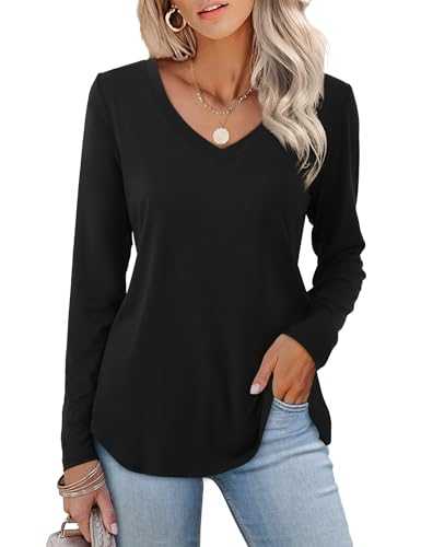 Amoretu Women's Long Sleeve V Neck T Shirts Basic Tops Loose Casual Tee Shirts with Curved Hem
