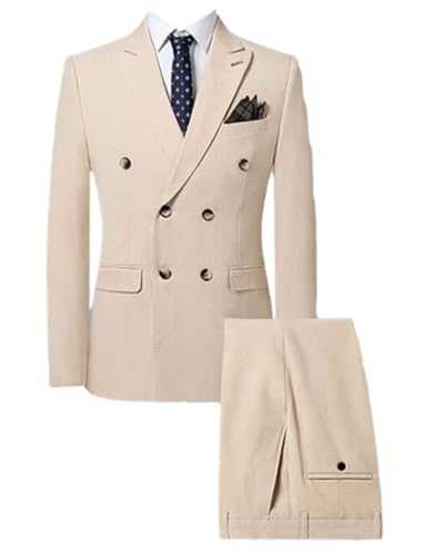 Pkrboro Men's Two Pieces Suit Double Breasted Buttons Jacket Pants Tuxedos for Leisure Dinner