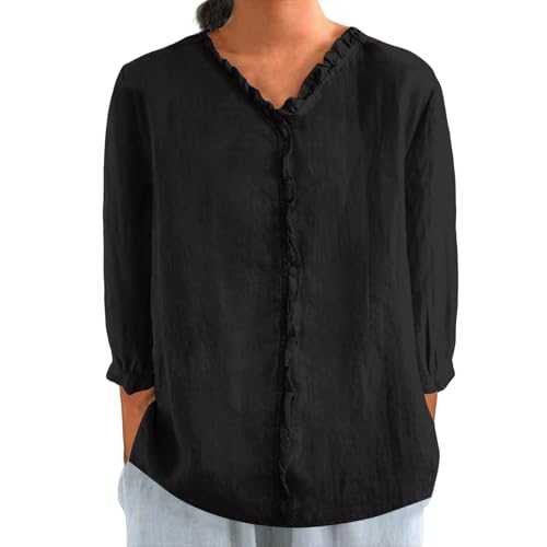 TEPTDirio Black T Shirts Womens Cotton Linen Button up Black T-Shirt Women Daily Casual Top Clothes UK Plus Size T-Shirts High Neck Blouse Summer Tops Plus Size Deals of The Day