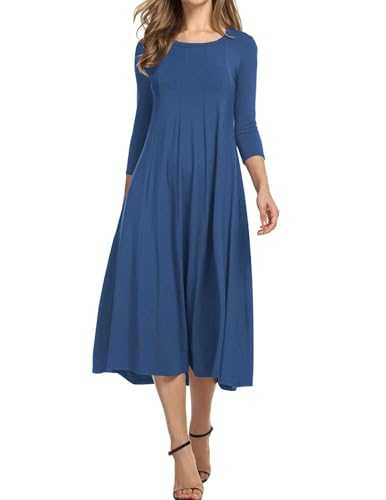 HOTOUCH Dress Women Elegant Tunic Dress Round Neck Casual Dresses 3/4 Sleeve A Line Dresses Classic Midi Dress with Pockets