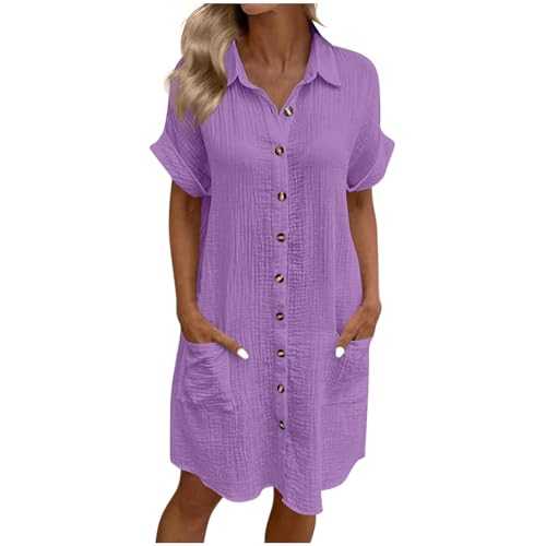Summer Shirts Dresses for Women UK Oversized Cotton Linen Baggy Tunic Shirt Mini Dress Button Up V Neck Plain Sundress with Pockets Beach Lounge Lightweight Holiday Essentials Dresses