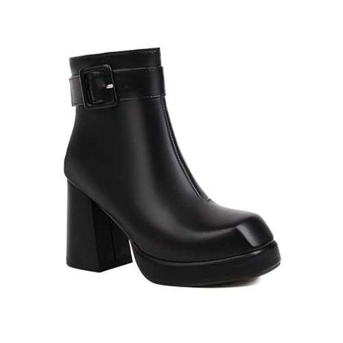 VACSAX Ankle Boots for Women Mid Chunky Heel Side Zipper Buckle Strap Casual Comfortable Fall Winter Chelsea Womens Booties