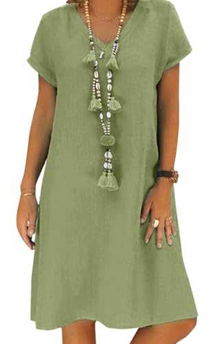 Women's Dress Summer Linen Dresses Casual V Neck Midi Dress Short Sleeve A-line Dress Sundress Tunic Dress Without Accessories