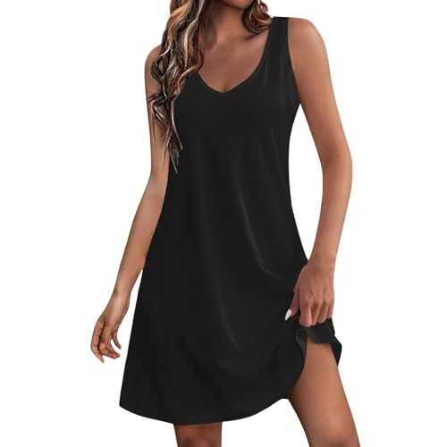 RLEHJN Tunic Dresses for Women UK Elegant Sleeveless V Neck Summer Dresses Plain Casual A Line Dresses Solid Color Beach Holiday Sundresses with Pocket Above The Knee Size 8-16