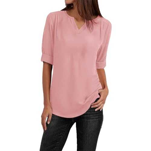 Women Summer T Shirts Ladies Clothing Loose Shirt Chiffon Zipper Roll Short Sleeve V Neck Casual Summer Tops
