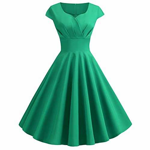 Wedding Guest Dresses for Women UK, Women's 50s 60s A Line Rockabilly Dress Cap Sleeve Vintage Swing Party Dress Ladies Summer Pleated Tunic A Line Midi Dresses Prom Cocktail Evening Dress