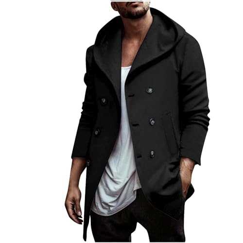 Trench Coat Men UK Deals of The Day Winter Wool Hoodie Coat Men's Casual Loose Long Sleeve Hooded Woolen Jacket Men Fall Clothing Fashion Button Cardigan Jackets Streetwear