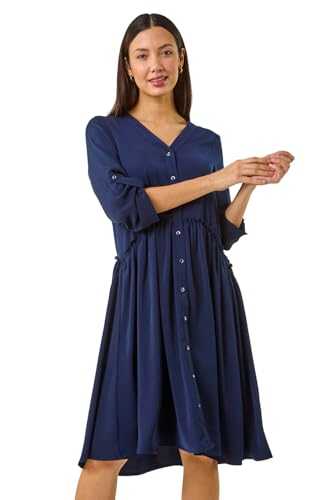 Roman Originals Satin Drop Waist Smock Dress for Women UK - Ladies Everyday Holiday Spring Summer V-Neckline Comfy Soft Evening Vacation Work Party