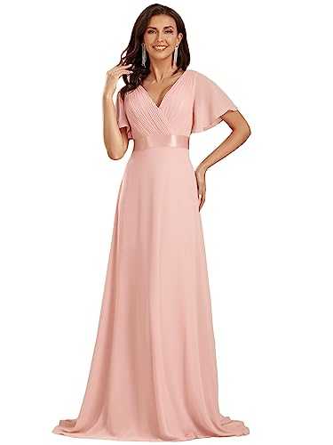 Ever-Pretty Women's Double V-Neck Short Flutter Sleeves Empire Waist Elegant Chiffon Long Evening Dresses