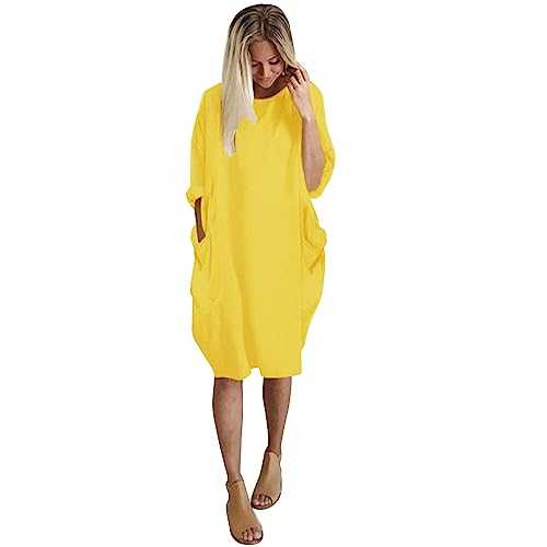 AMDOLE Maxi Dress with Sleeves Formal Women's Pocket Loose Dress Ladies Round Neck Casual Knee Length Dress Dress for Women Junior
