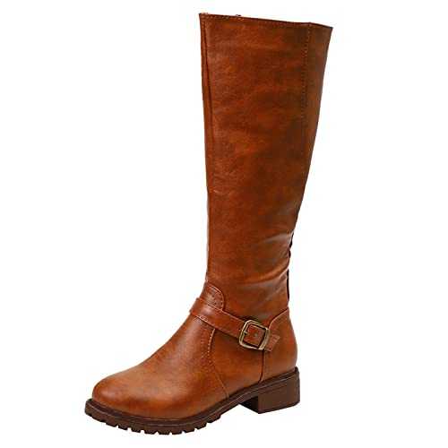 BIISDOST Ankle Boots Women's Brown Flat Half Boots Long Shaft Boots Round Toe Retro Slip Boots Non-Slip Western Boots Riding Boots with Side Zip Leather Knight Boots