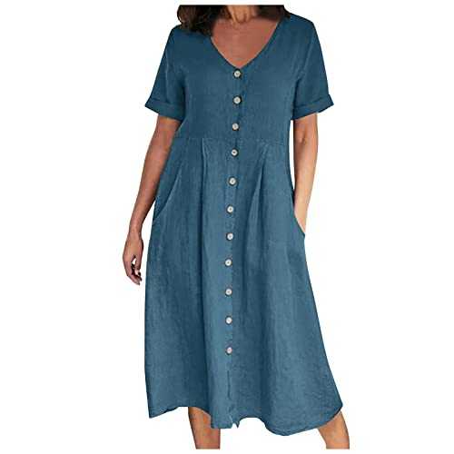 Summer Dress Women Linen Short Sleeve Cotton Linen Dress with Pockets Button Down Midi Clothes
