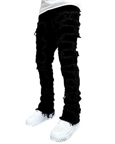Conshvi Men's Slim Fit Stretch Jeans Distressed Patchwork Stacked Frayed Straight Leg Skinny Denim Pants