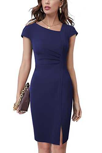 HOMEYEE Elegant Women's V Neck Cap Sleeve Front Split Business Pencil Dress B700