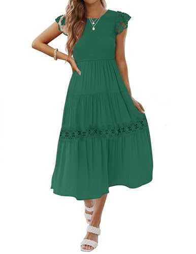 ZESICA Women's 2023 Casual Crew Neck Flutter Sleeve Smocked High Waist Hollow Out Lace Trim Tiered A Line Midi Dress