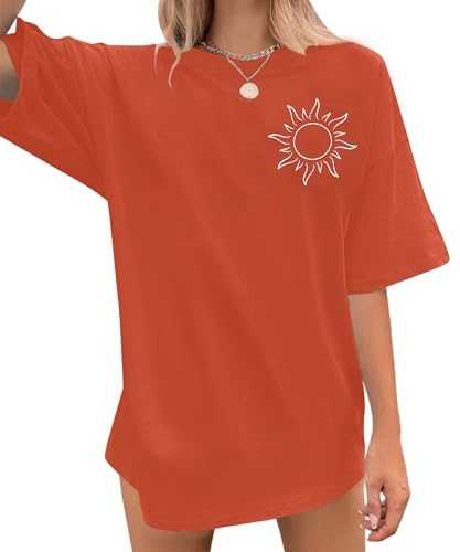 Oversized Sunshine Shirt Women Vintage Sun Print Graphic Tee Hiking T-Shirts Boho Summer Short Sleeve Top