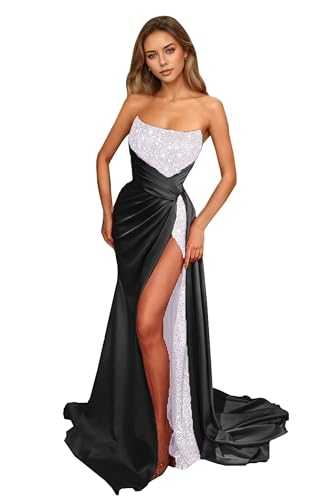 Glitter Sequin Prom Dresses 2023 Mermaid Slit Satin Evening Dress Sparkly Stretch Formal Wedding Gown with Train DR0080