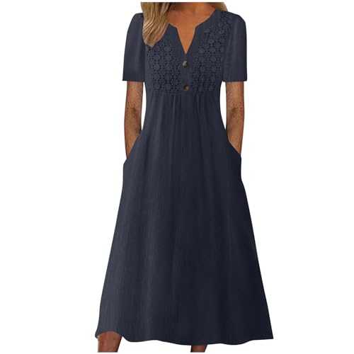 Summer Dress for Women 2024 UK Clearance Causal Cotton Linen V Neck Button Short Sleeve Vacation with Pockets Ladies Solid Dress Party Elegant Beach Dress Club Cocktail Work Dresses Midi Dresses