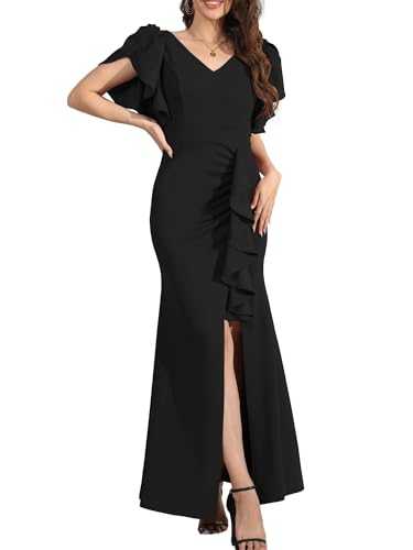 DGHBVS Formal Gowns and Evening Dresses Wedding Guest Dresses for Women Prom Dress Long V-Neck Ruffle Short Sleeve