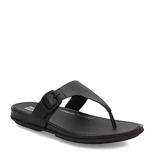 Women's Gracie Rubber-Buckle Leather Toe-Post Sandals Flat, Black, 5 UK