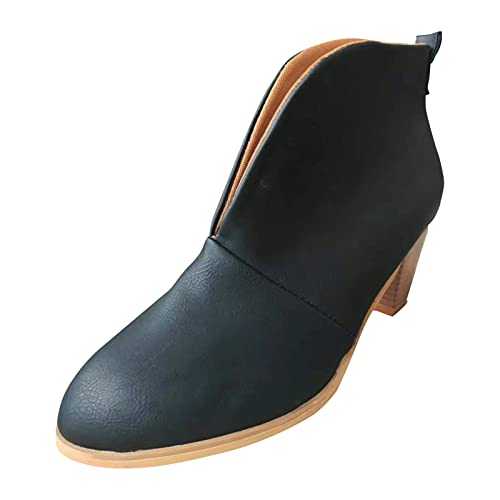 Yowablo Women's Ankle Boots Stacked Heel Booties Ladies Shoes Fashion Leather Short Boots, black, 7 UK