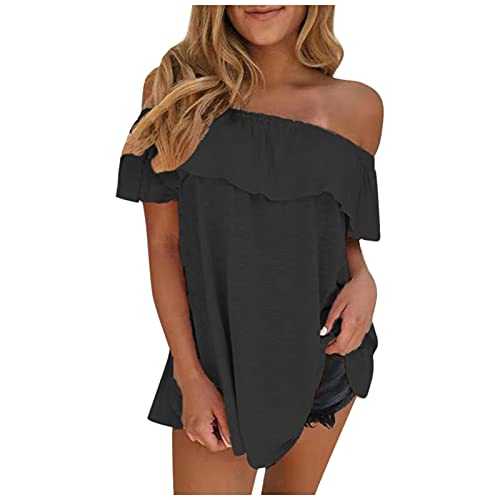 Women Off Shoulder Tops Sexy Ruffle Sleeve Plus Size Summer Casual Loose T-Shirt Holiday Beach Tee Blouse