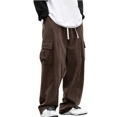 AMhomely Corduroy Trousers for Men Cargo Joggers Men Work Straight Wide Leg Trousers with Pocket Elastic High Waisted Work Trousers Plain Drawstring Sweatpants Loose Fit Sports Trousers