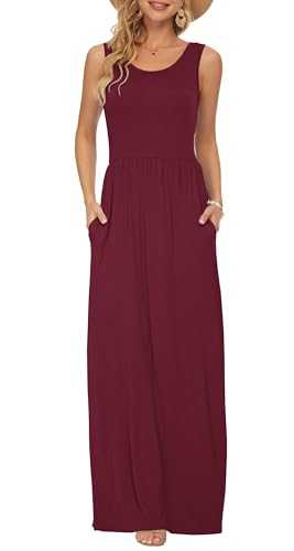 AUSELILY Women's Maxi Dress Sleeveless Loose Long Dresses with Pockets Wine Red XXL