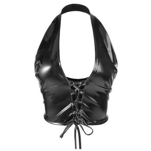 Women's Shiny Metallic Halter Tank Top Sexy Wet Look Deep V Neck Camisole Tube Vest Bra Crop Slim Fit Front Lace Up Punk T-Shirt Costume Outfits for Rave Concert Clubwear Dance Photo Shoots