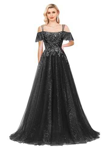 Lace Appliques Tulle Prom Dresses 2023 Off Shoulder Glitter Tulle Ball Gowns Ruffle Spaghetti Straps Formal Evening Dresses