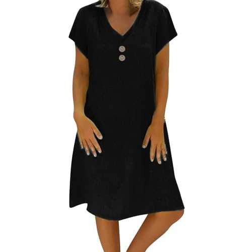 HOOUDO Linen Summer Dresses for Women UK Casual V Neck Midi Dress Short Sleeve A-line Sundress Ladies Tunic Boho Beach Dresses