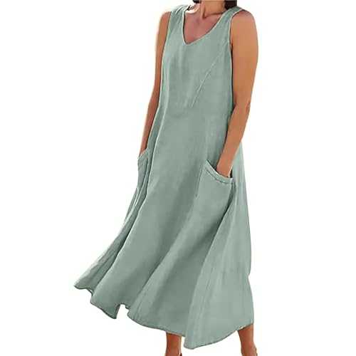 HOOUDO Beach Dresses for Women UK Retro Solid Bohemian Dresses Scoop Neck Sleeveless Sun Dresses Pocketed Loose Dance Gown Tunic Dresses Cover Ups