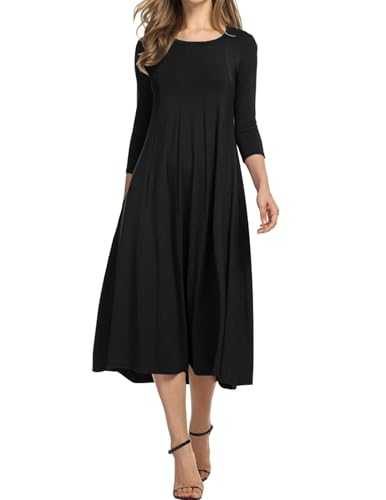 Hotouch Damen Kleider Elegant Tunika Kleid Rundhals Freizeitkleider 3/4 Ärmel A-Linie Kleid Klassiker Midikleid mit Taschen S-XXL
