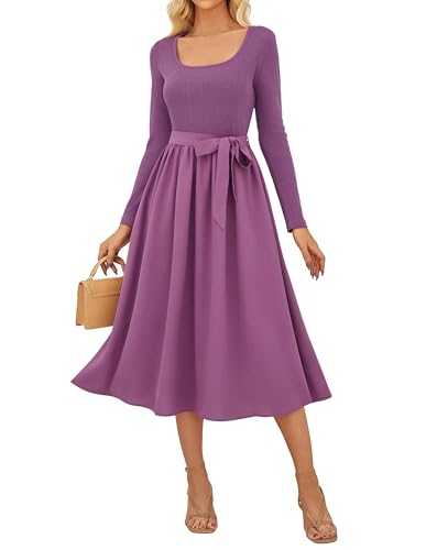 GRACE KARIN Women Dresses A-Line Long Sleeve Midi Elegant Dress with Belt Casual Work Bridesmaid Dress Pockets