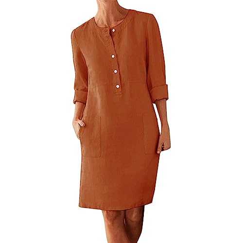 WLHBF Women Cotton and Linen Button Shirt Dress Plus Size Crewneck Long Sleeve Casual Loose Dresses with Two Pockets Women Long Dresses