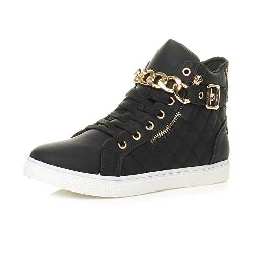 AJVANI Womens Ladies Flat Gold Chain Decoration lace up high Rise Sneakers Quilted Trainers Ankle Boots Size