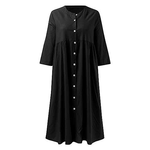 Black Shift Dresses for Women UK | Shirt Dress for Women UK Buttons Lapel Collar Long Dresses 3/4 Sleeve Midi Dress Solid Color Kaftan Dresses Comfy Swing Dress Loose Fit Work Dress