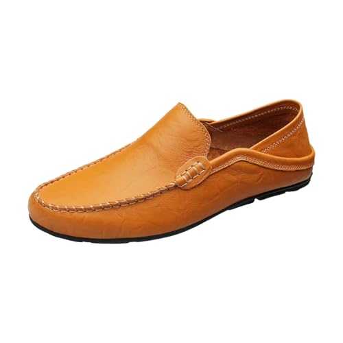 Loafers Men's Women's Moccasin Flat Shoes Slip-On Leather Shoes Leather Canvas Shoes Round Suit Shoes Black Oxford Low Shoes Without Laces Slip On Shoes Waterproof Business Shoes, yellow, 8 UK