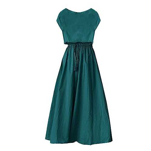 Dresses Vintage Casual A Line Short Sleeves Loose O Neck Summer Cotton Linen Drawstring High Waisted Retro Dress Solid Denim Dresses Women UK