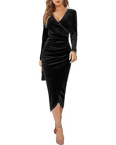 CheChury Maxi Dresses for Women UK Velvet Ruched V-Neck Dress Bodycon Split Dress Slit Wrap Dress Elegant Wedding Cocktail Party Dress Fall Winter