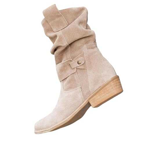 Wide Fit Suede Ankle Boots Women | Pointed Toe Low Heel Booties Slip On Mid Calf Boots With Buckle Comfortable Walking Boots Winter Warm Boots Casual Comfort Lightweight Ankle Boots