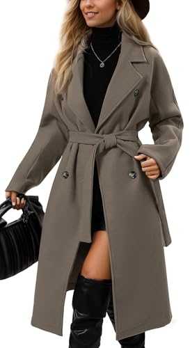 FEOYA Women's Long Coat Trench Coats Double Breasted Coats Autumn Coat Windproof Overcoat with Belt Classic Outwear