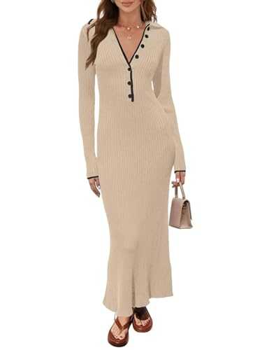 TECREW Women's Long Sleeve V Neck Sweater Maxi Dress Button Bodycon Fitted Fall Ribbed Knit Dresses